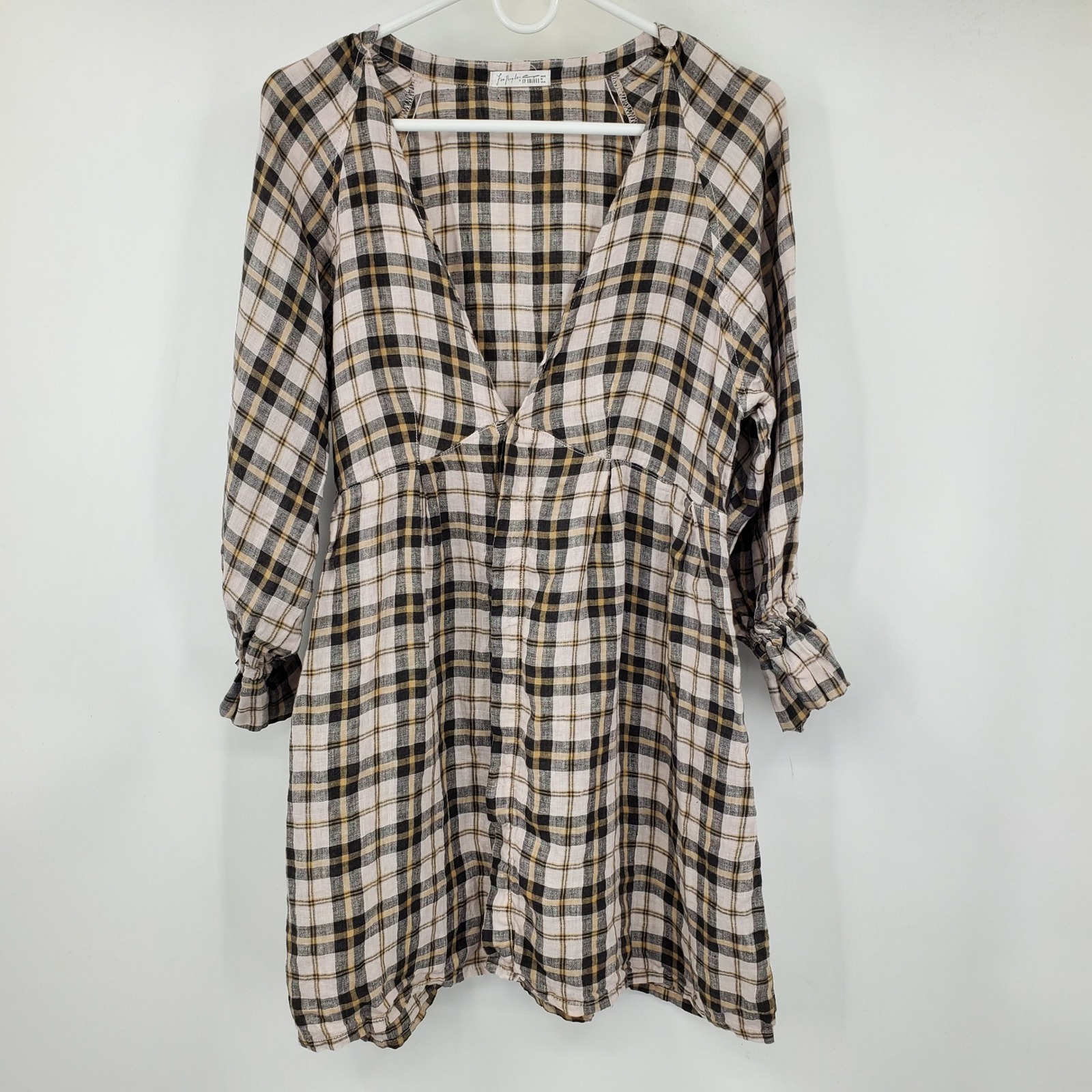 Free People X Cp Shades Plaid Linen Mini Dress Tan Black V-Neck Boho Small